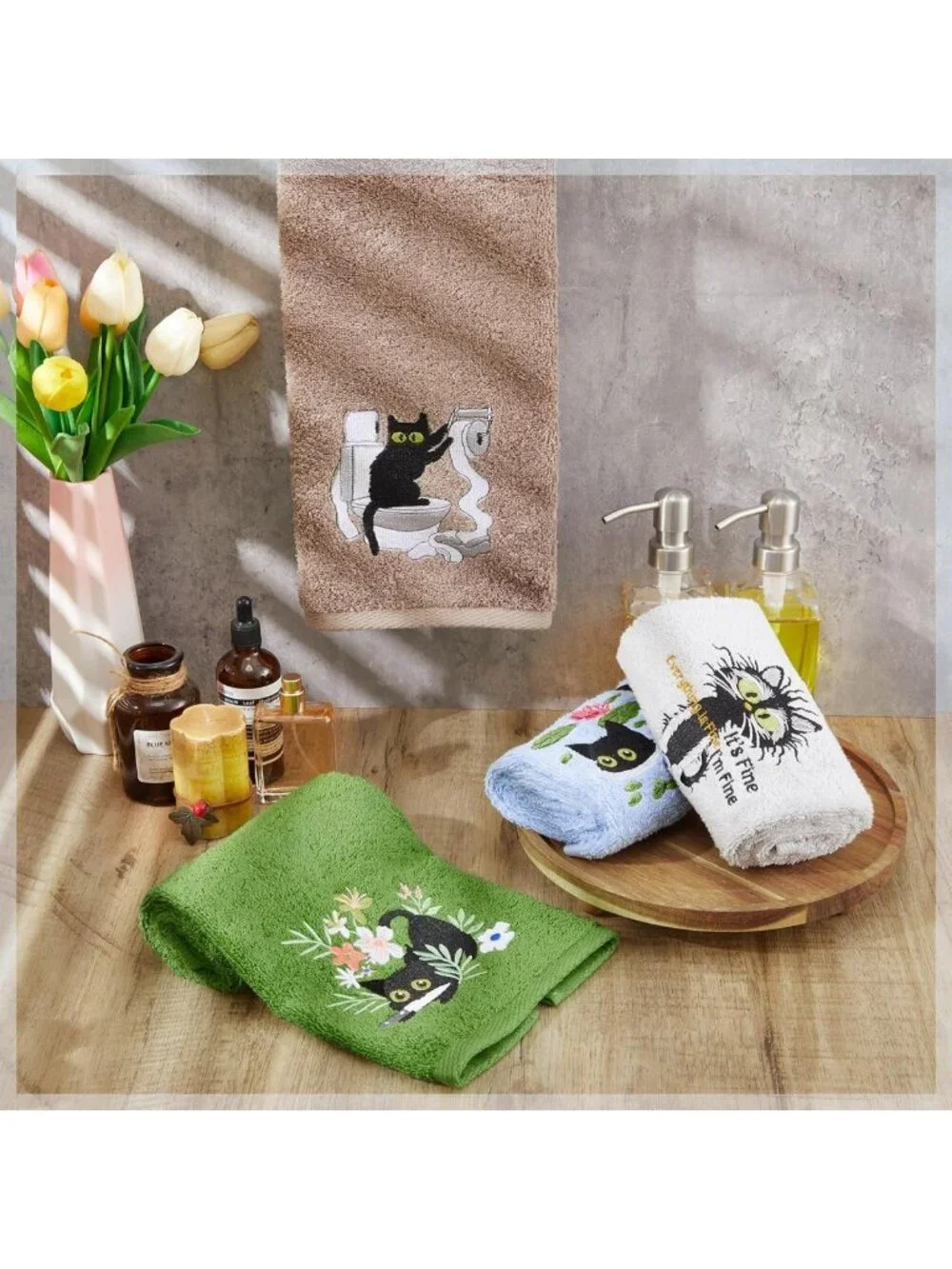 4Pcs Funny Black Cat Hand Towels - Soft Cotton Bathroom Decor & Gift